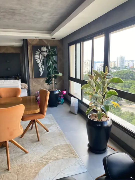 Ambiente residencial com plantas em vasos alinhadas às grandes janelas