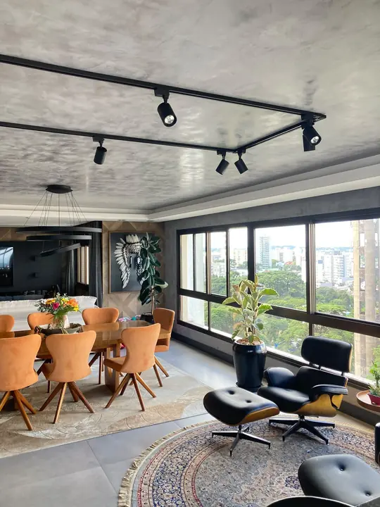 Sala de estar e jantar com vasos e plantas distribuídos junto às janelas